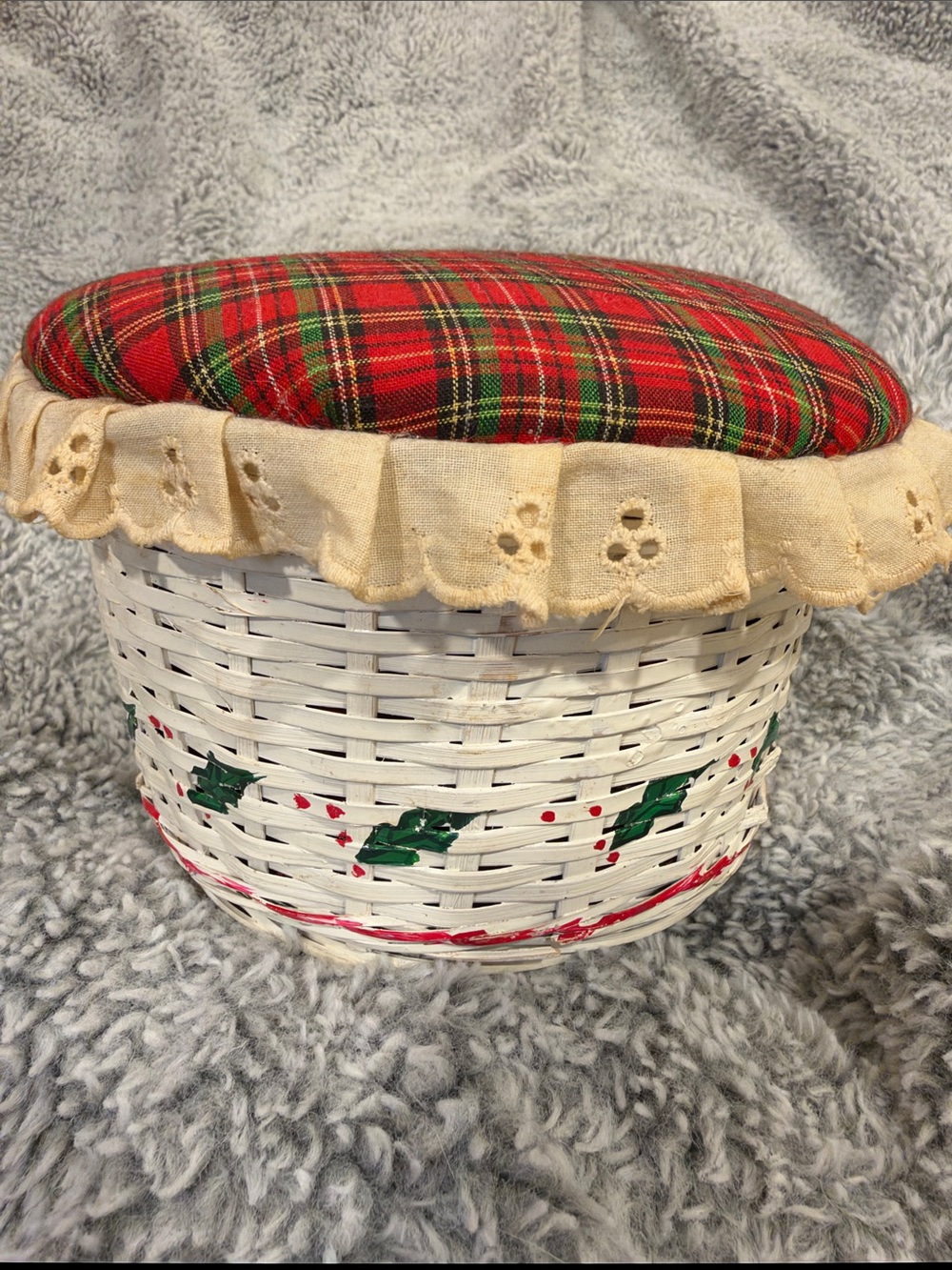 Vintage Sewing Christmas Basket Holly with Ruffled Trim and attached lid